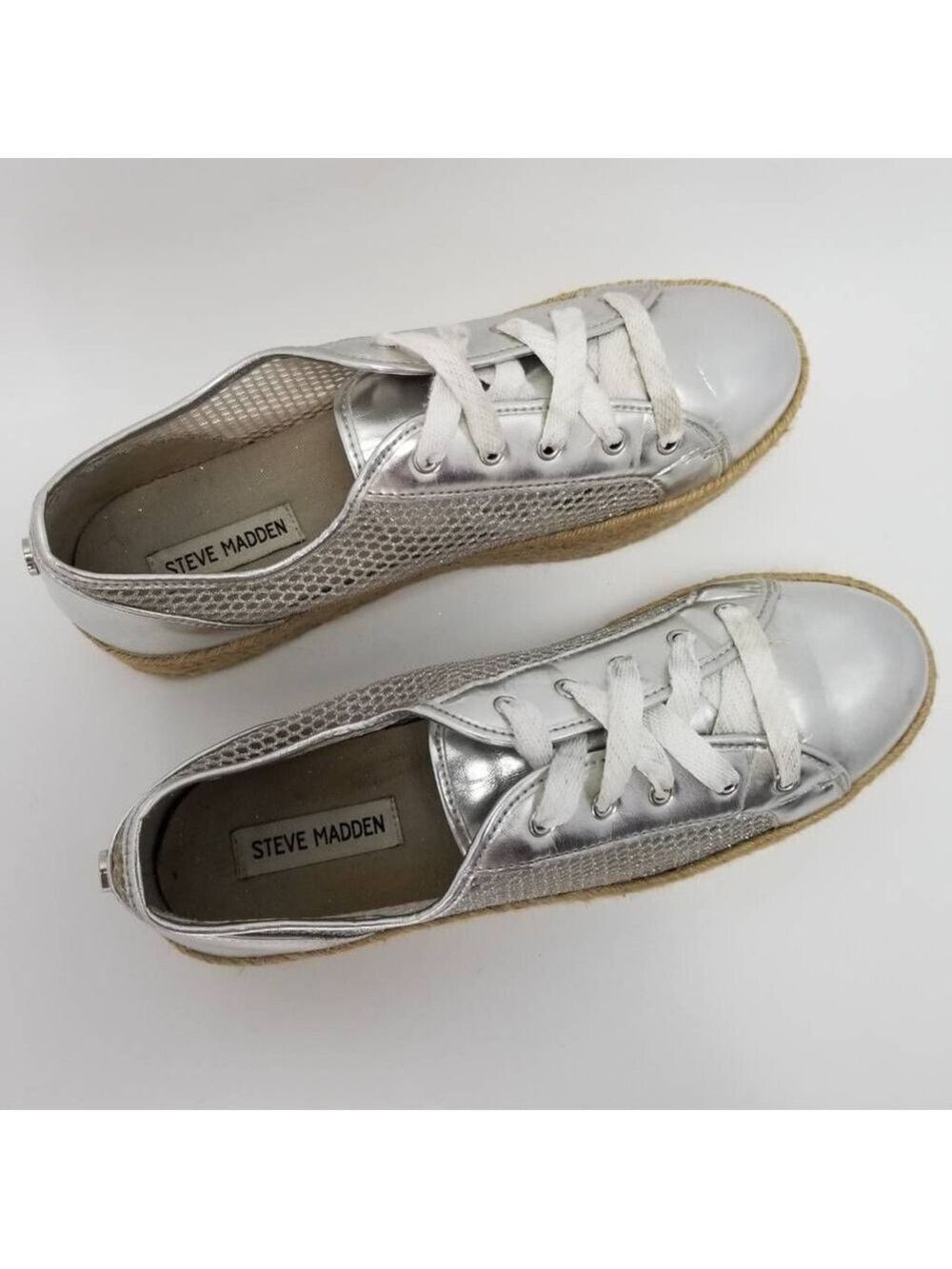 Steve Madden Mars Espadrilles Platform Silver Mesh Sneakers Lace Up Low Top 10B - Picture 7 of 11